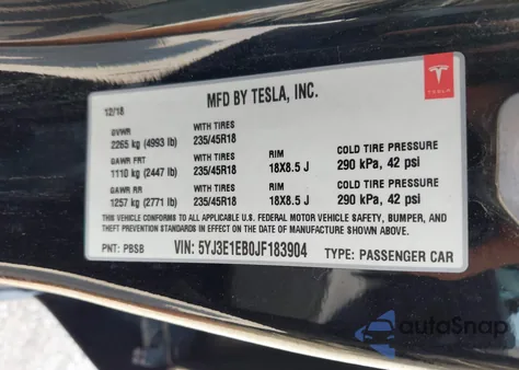 2018 Tesla Model 3 Long Range/Performance из США, поврежденный, VIN 5YJ3E1EB0JF183904